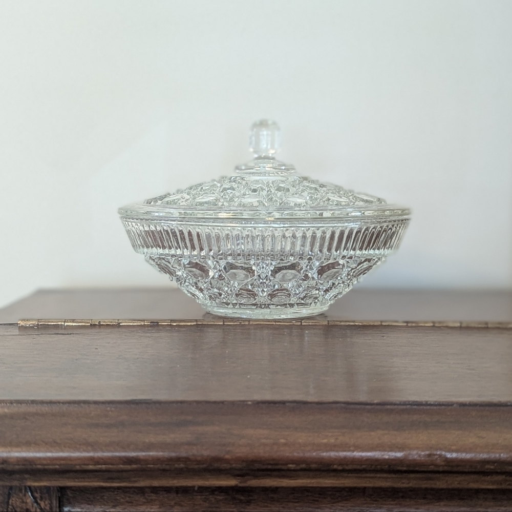 Diamond Point Clear Glass Candy Dish with Lid - MCM Apothecary Jar